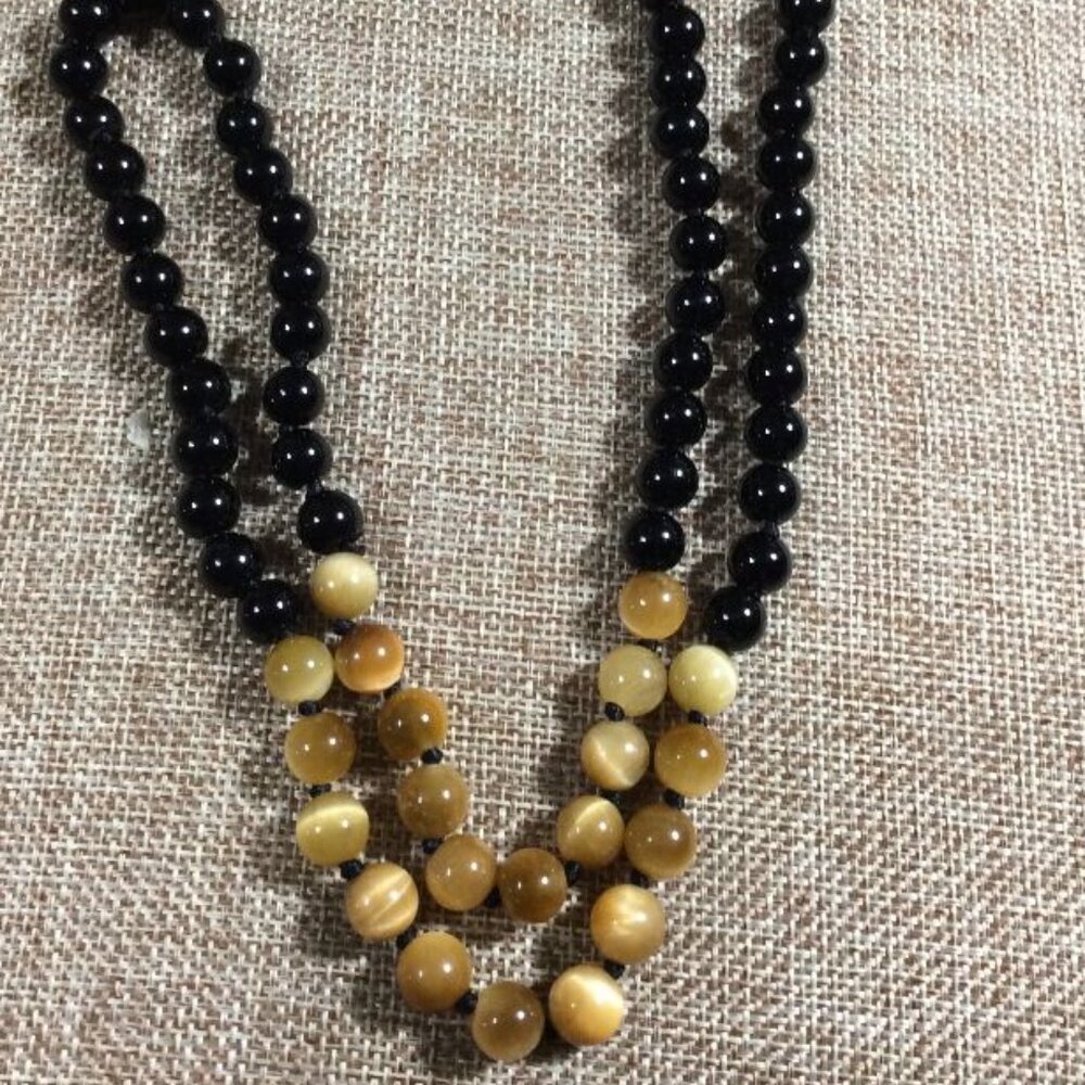 Genuine 8mm Black Onyx and Golden Tiger's Eye 28" Gemstone Necklace  SG-0066